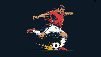 A dynamic illustration showcases a soccer player in mid kick powerfully striking a ball with speed and intensity on a dark background high quality professional detailed © rocky