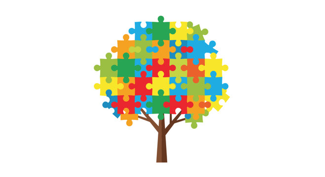 A stylized tree with a brown trunk and branches displays its foliage entirely composed of vibrant, interlocking jigsaw puzzle pieces on a white background.