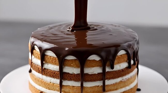Chocolate ganache being poured over a layered cake with white filling