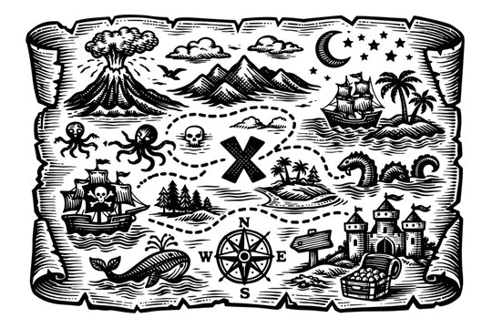 Vintage black and white pirate treasure map woodcut illustration. It depicts an X marking the spot for hidden gold, a classic sailing ship, treacherous islands, a smoking volcano, formidable sea monst