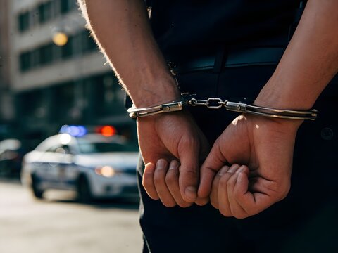 Man with handcuffs behind back getting arrested by the police