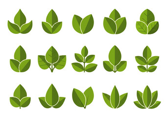 Fototapeta premium Vector flat design illustration of various green leaves in a simple, organized layout on a white background.
