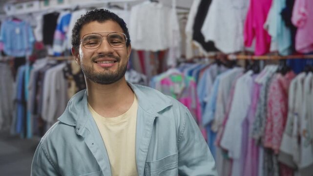 Man tilts chin and smiles at lens beside souvenir shirts and trinkets in busy street market; optimism.