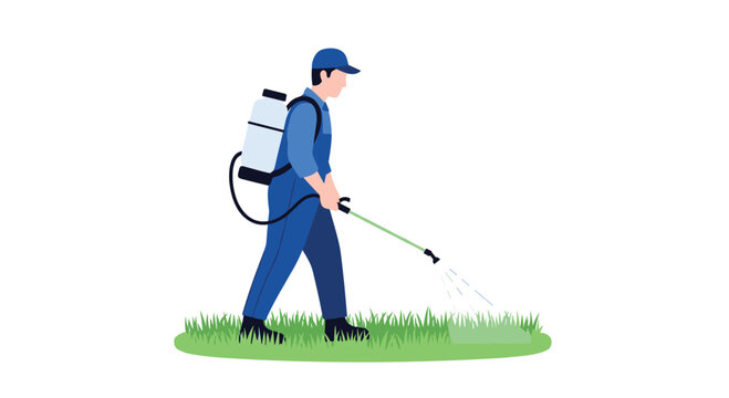A male worker in a blue uniform is walking and spraying liquid from a backpack sprayer onto a patch of green grass.