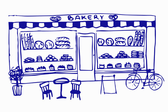 Whimsical blue bakery shop building isolated on white background. Hand drawn style vector illustration.