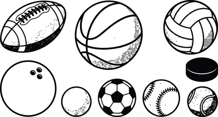 Fototapeta premium Line art top view collection of sports balls including football basketball volleyball bowling soccer baseball tennis and hockey puck set