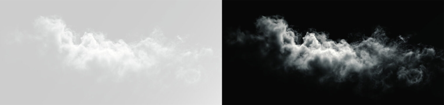 Realistic white smoke cloud isolated on white background, atmospheric steam puff overlay thin layer effect  png