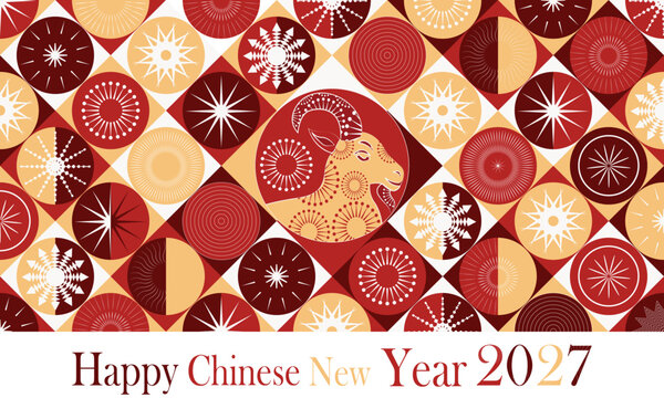 Chinese Lunar New Year 2027  banner, web with Year of the Fire Goat, Ram zodiac signs geometric patterns. Red and gold festive oriental backgrounds for social media stories and posters.