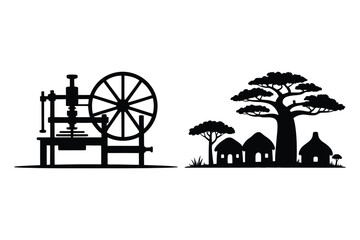 Fototapeta premium Spinning Wheel and African Village Scene - Silhouette Icon Set