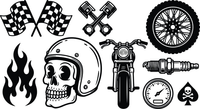 Tattoo flash skull with vintage helmet front view motorcycle crossed pistons checkered flags stylized flame wheel speedometer spark plug spade