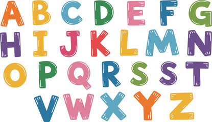 Colorful hand drawn alphabet letters set, playful cartoon ABC typography collection for kids education isolated on white background vector illustration © MdSafiullah