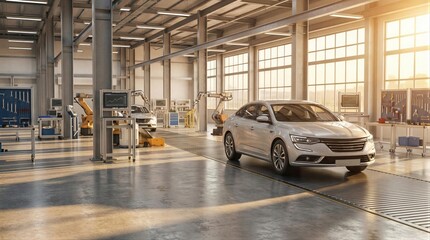 Obraz premium Silver car on an assembly line with robotic arms in an automotive factory. Industrial production of automobile, car tuning, auto shop concept.