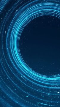 Abstract glowing blue digital vortex tunnel with neon light circles and floating particles, futuristic technology background (Vertical Video)