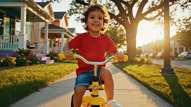 A happy child rides a yellow tricycle down a sidewalk in a sunny neighborhood with colorful houses and a large tree