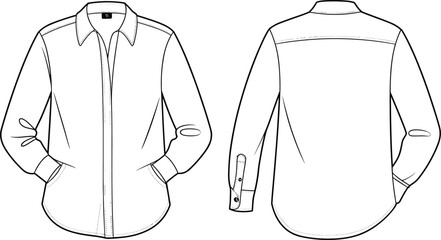 Flat sketch of men’s long sleeve button-down shirt, front and back view, technical drawing for fashion design and apparel industry
