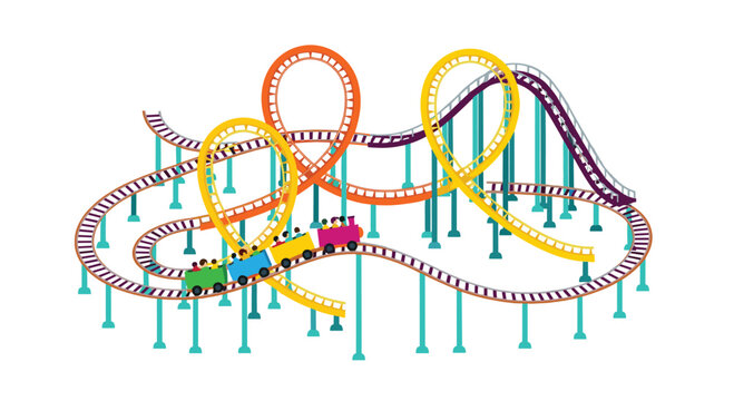 A vibrant roller coaster with orange, yellow, and purple tracks and colorful passenger cars twists and loops on a white background.