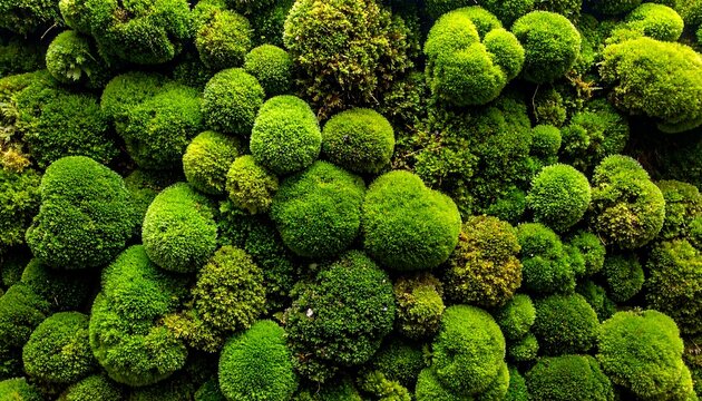 Lush green moss clumps clustered together, forming a vibrant and textured wall of natural plant life