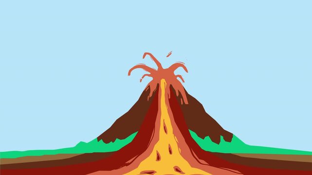 seamless loop animated erupting volcano with lava flow and ash cloud. Volcano eruption animation loop for science education and infographics