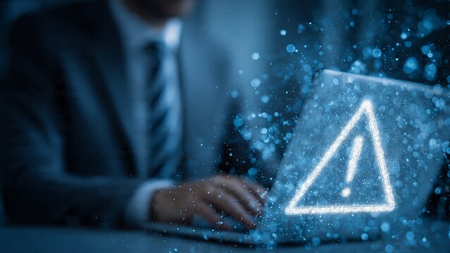 Laptop Screen Showing Digital Warning Triangle Sign, Concept of Cyber Security Breach, Data Privacy Protection, and Malware Alert in Corporate Network