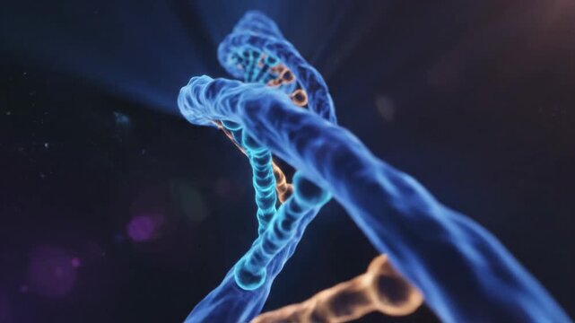 A helical DNA structure in blue and orange, on a dark background with lighting effects