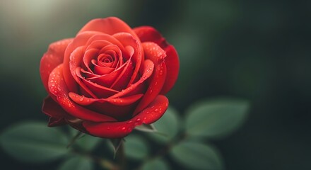 A close-up view of a single red rose with green leaves