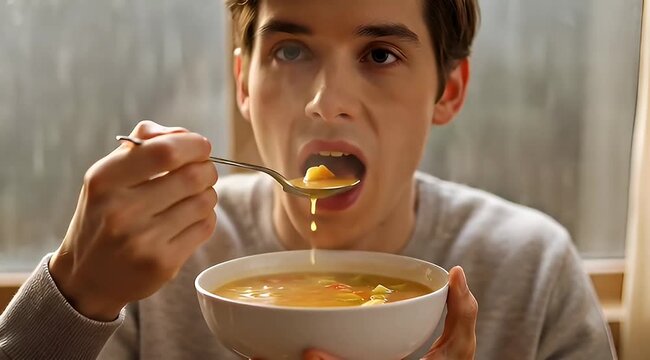 Person enjoying a bowl of hot soup with vegetables using a spoon
