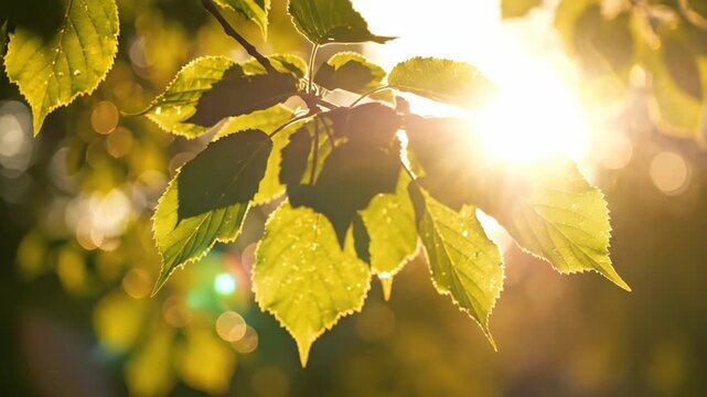 Green leaves illuminated by morning sunlight with dew drops on branches creating a serene natural background with bokeh effect