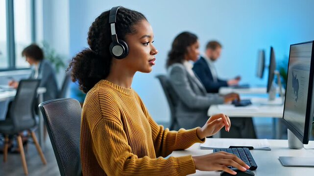 Young professional woman working in a busy call center office with bright blue lighting, using a headset and computer in a cinematic professional environment, illustrating modern business communicate
