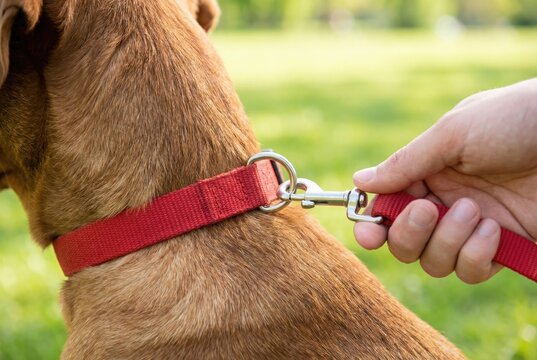 Hand attaching a metal clasp of a red leash to the collar of a brown dog outdoors