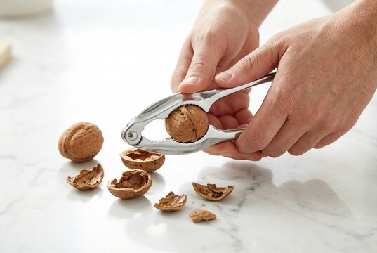 Hands using a silver metal nutcracker to crack open a whole walnut on a white marble surface