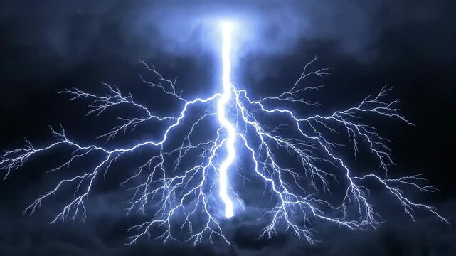 Dramatic lightning bolt striking with electric blue energy illuminating dark stormy sky with powerful branches and intense weather conditions