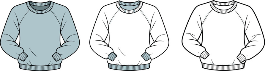 Flat sketch of crew neck sweatshirt front view, ribbed cuffs and hem, casual fashion design template, technical drawing for apparel   flat vector illustration © Its Sohan