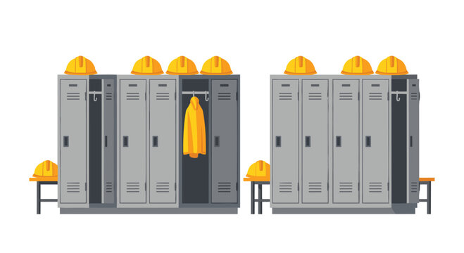Two sets of grey metal lockers with yellow hard hats on top are shown, one open revealing a yellow jacket.