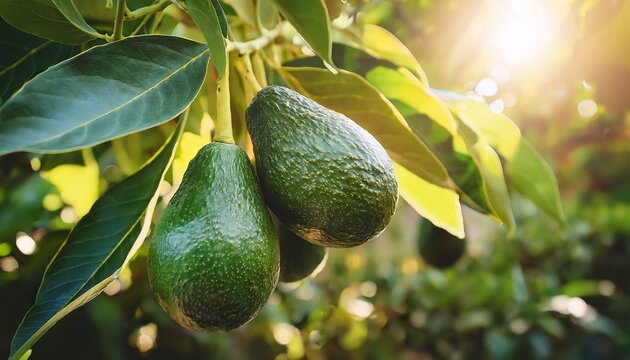 fresh organic avocado ripe growing on branches with green leaves in sunny fruiting garden
