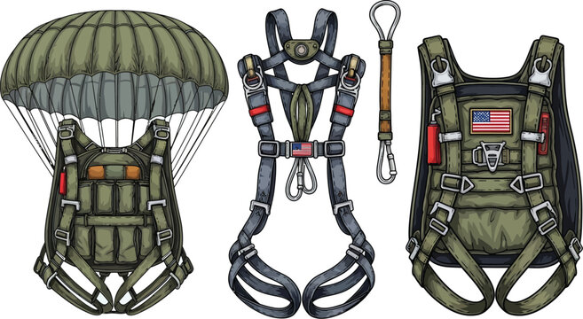 Three different styles of military parachute harness rigs and associated equipment are displayed against a plain background for technical illustration.