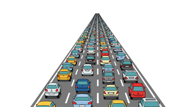 A detailed illustration showcases a massive traffic jam with hundreds of diverse cars and trucks tightly packed on a wide multi-lane highway, viewed from a high straight-on perspective.