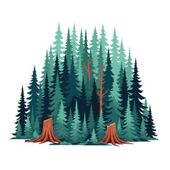 Fototapeta premium Illustration of a forest landscape with trees and stumps viewed from the front in a graphic style