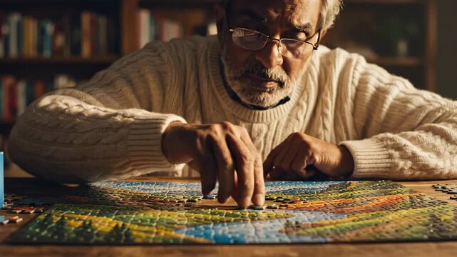 An older man intently focuses on assembling a colorful jigsaw puzzle on a wooden table, with a bookshelf backdrop