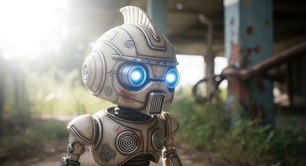 Cute Robot with Glowing Blue Eyes in Abandoned Building, Sci-Fi