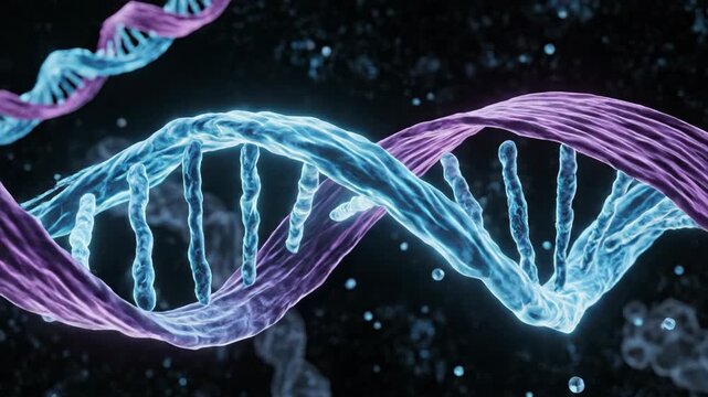 A detailed digital rendering showcasing a double helix structure. The image features a molecular model with vibrant color, creating a dynamic visual representation