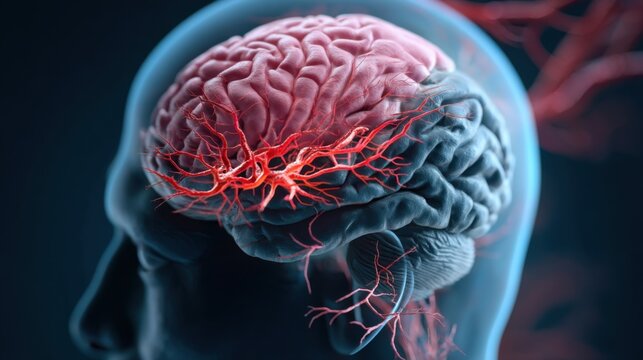 Illustration of understanding stroke and vascular brain issues, brain health. Nerve endings and blood vessels	