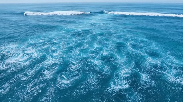 Dynamic Ocean Waves and White Water Creating Intricate Patterns with Clear Horizon