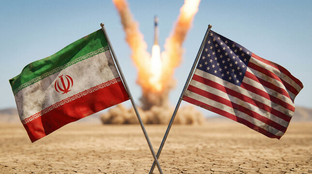 Iran and USA flags facing off with missile launch in background