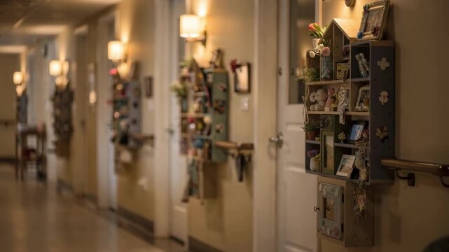 Twilight medium shot of a serene memory care hallway with warm dim lighting where memory boxes are prominent while the surrounding doors and walls blur softly.