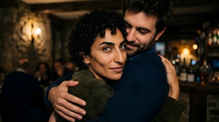 Fototapeta premium young couple hugging Cinematic portrait mixed Mediterranean woman with olive-bronze skin and short dark curls 