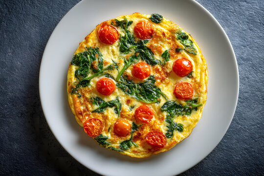 Vegetable frittata with spinach and cherry tomatoes served on a white plate