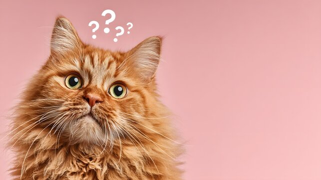 Confused ginger cat with question marks above its head on a pink background.