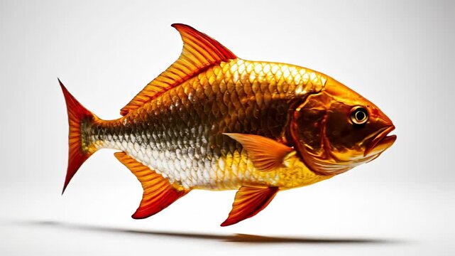 An orange fish stares forward, standing vertically