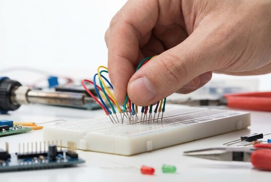 Hand inserting colorful jumper wires into a white breadboard circuit next to electronic components