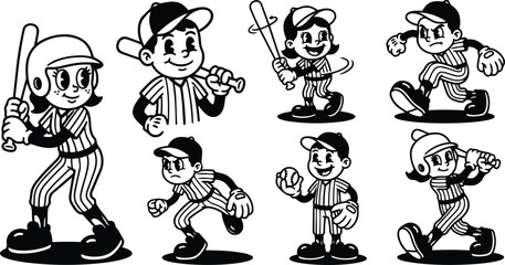 Obraz premium Retro cartoon 90s baseball kids showing batting and pitching poses in black and white vintage vector illustration with expressive faces